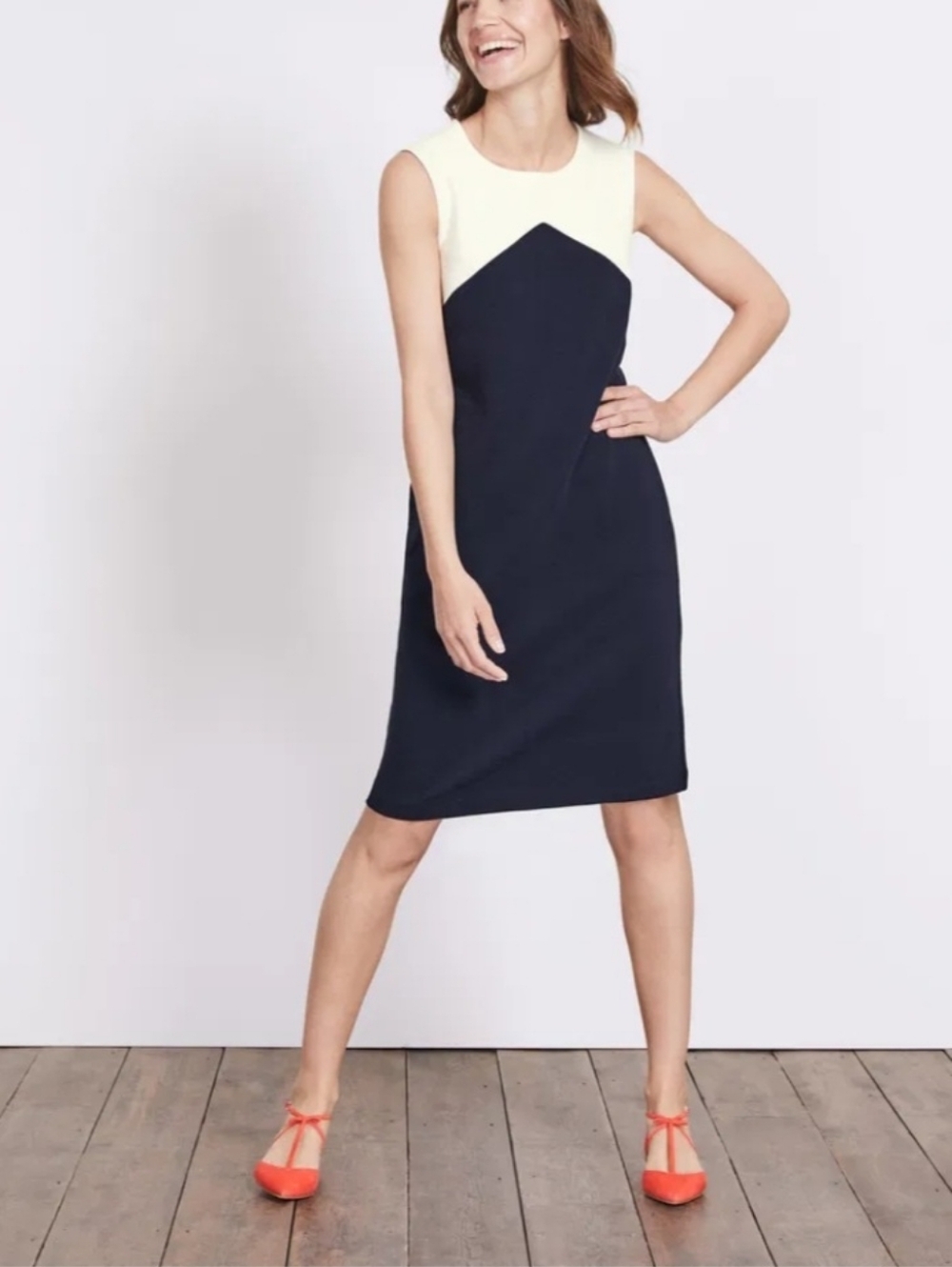 Boden Sleeveless Two-Tone Midi Dress in Navy and Cream-Size 4